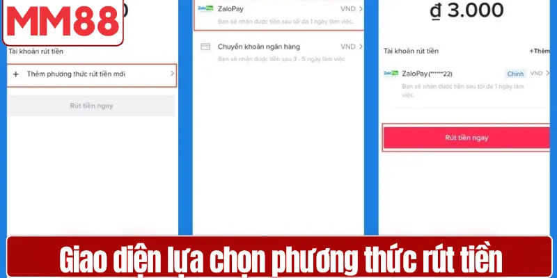 Rút Tiền MM88 Nhanh Chóng An Toàn Chỉ Trong Vài Phút Giao diện lựa chọn phương thức rút tiền MM88 trên hệ thống