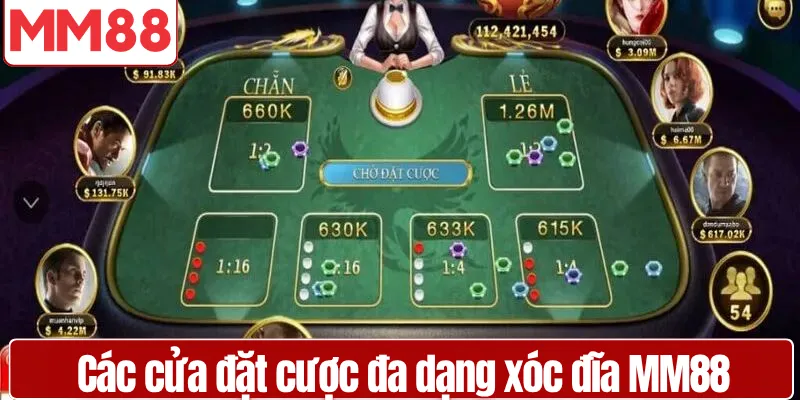Giao diện bàn cược xóc đĩa MM88 với các cửa đặt cược đa dạng