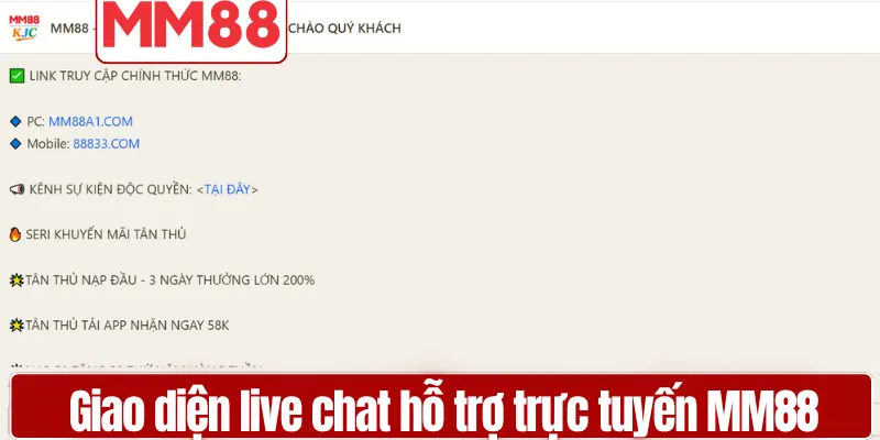 Giao diện live chat hỗ trợ trực tuyến MM88