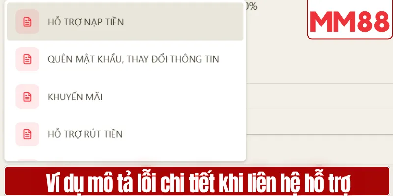 Ví dụ mô tả lỗi chi tiết khi liên hệ hỗ trợ